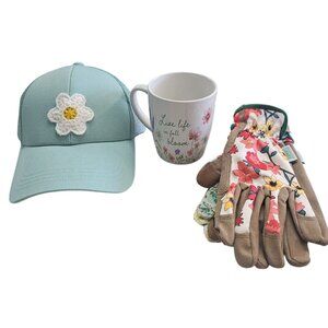 Floral Gardening Hat & Expert Medium Gloves With Floral Mug